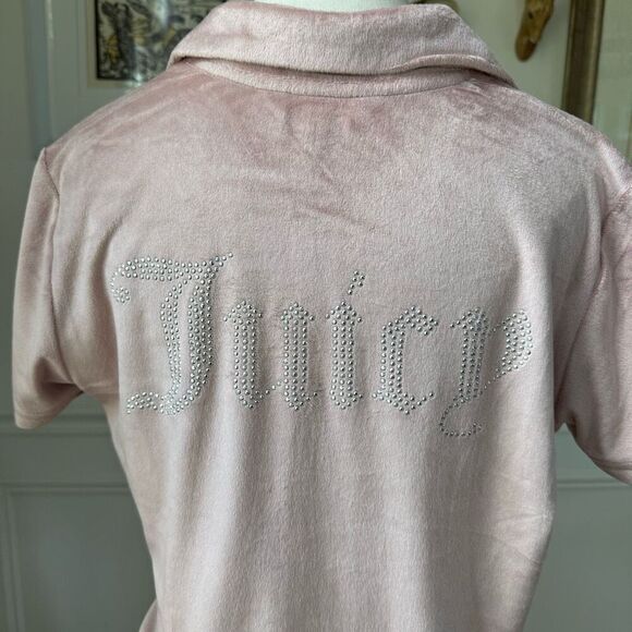 Juicy Couture Silky Soft Pink Velour Silver Bling Stud Cropped Button Up M - Picture 1 of 13